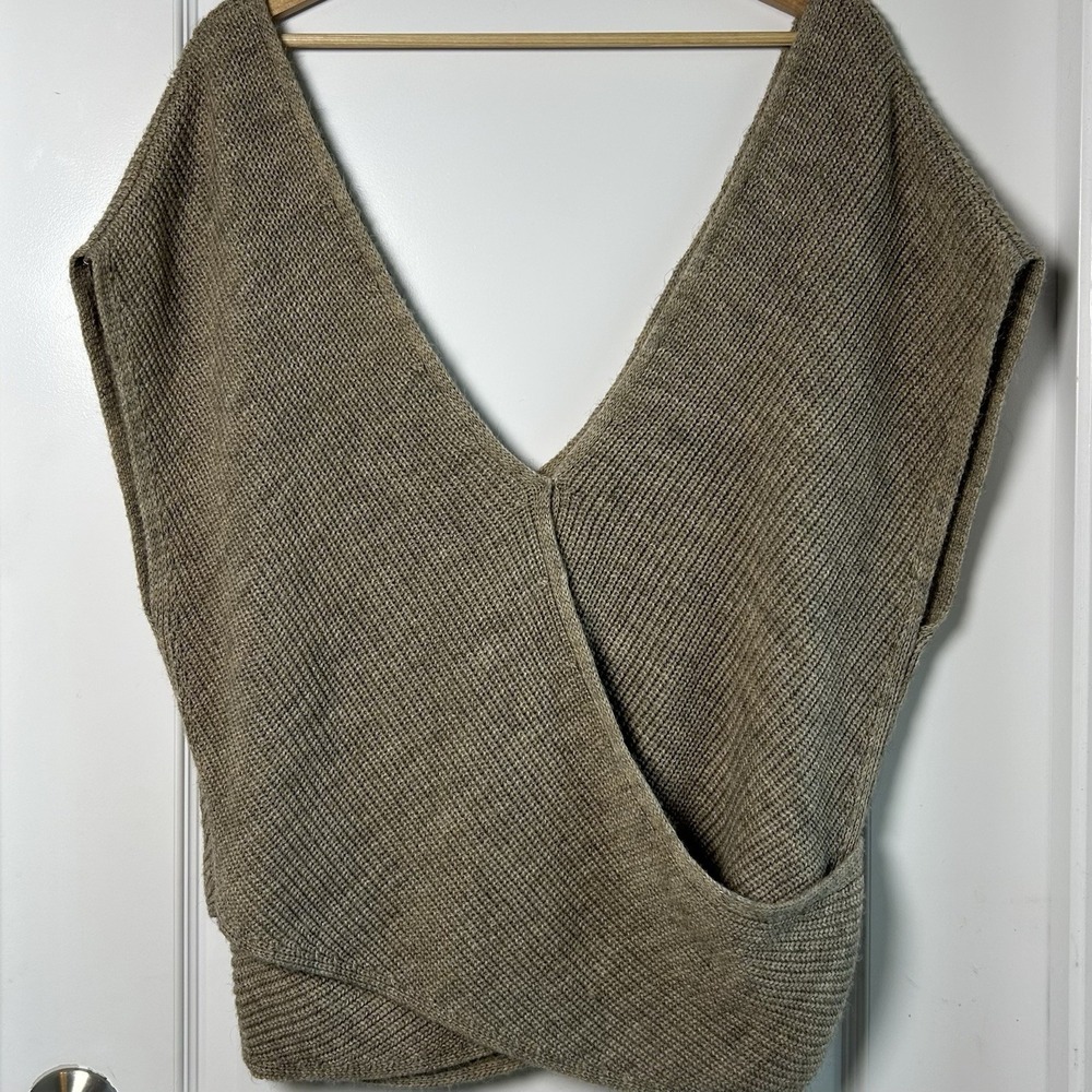 Anthropologie Heather Oatmeal Knit Surplice Wrap Front Deep V-Neck Sweater Vest